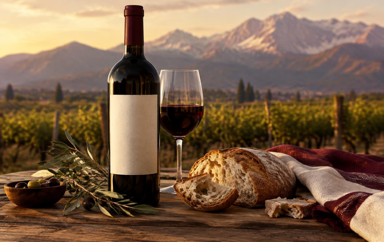 Botella de vino tinto sobre una mesa con pan y viñedos al fondo